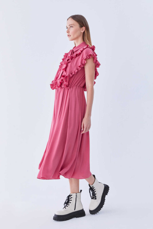  Fırfırlı Beli Lastikli Uzun Elbise Pembe - 4