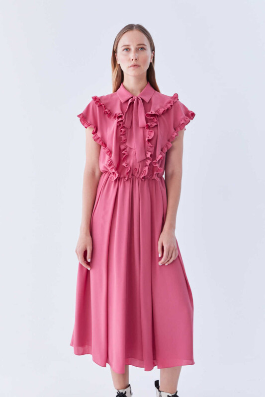  Fırfırlı Beli Lastikli Uzun Elbise Pembe 