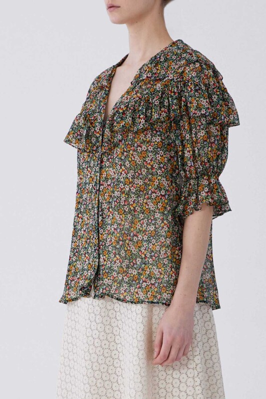 Fırfırlı Çiçek Desenli Kadın Gömlek Standart Renk - 3