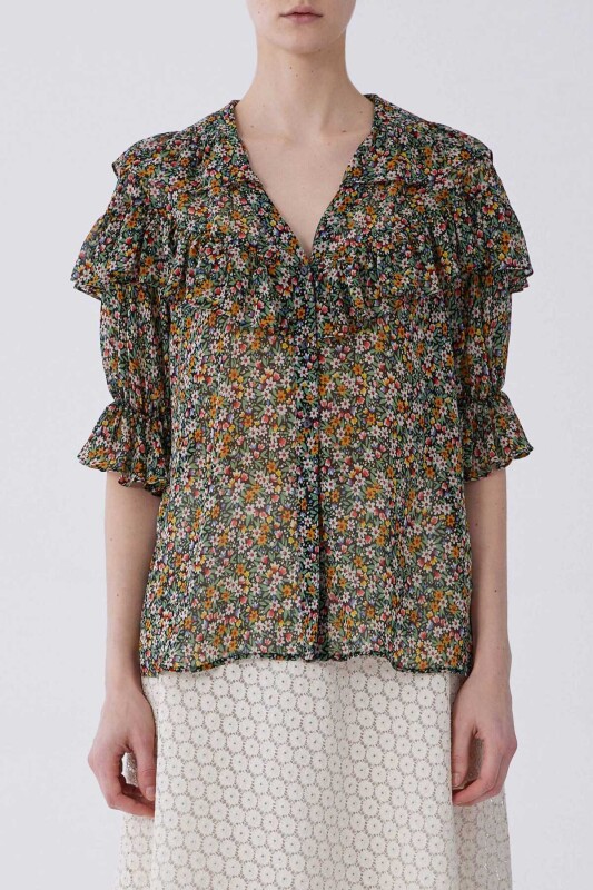 Fırfırlı Çiçek Desenli Kadın Gömlek Standart Renk - 1