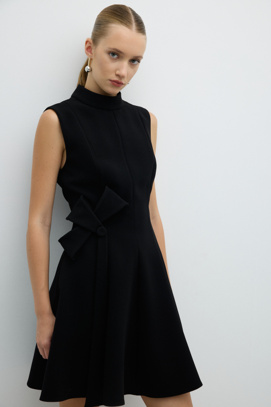 Fiyonk Detaylı Eteği Volanlı Mini Elbise Siyah - 3