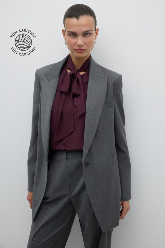 Fleto Cepli Tek Düğmeli Yün Ceket Gri - 1