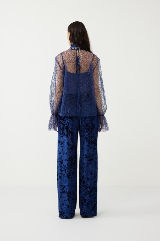 Flok Tül Baskılı Uzun Kol Bluz Lacivert - 2