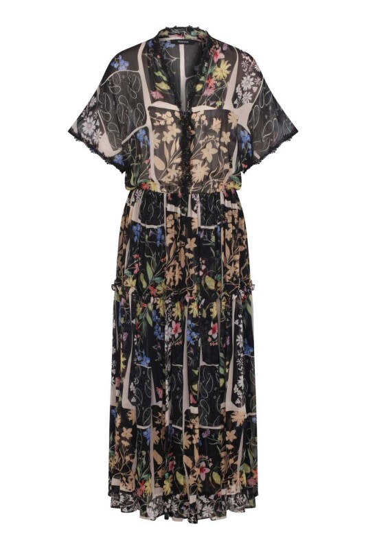  Floral Desenli V Yaka Şifon Elbise Standart Renk - 4