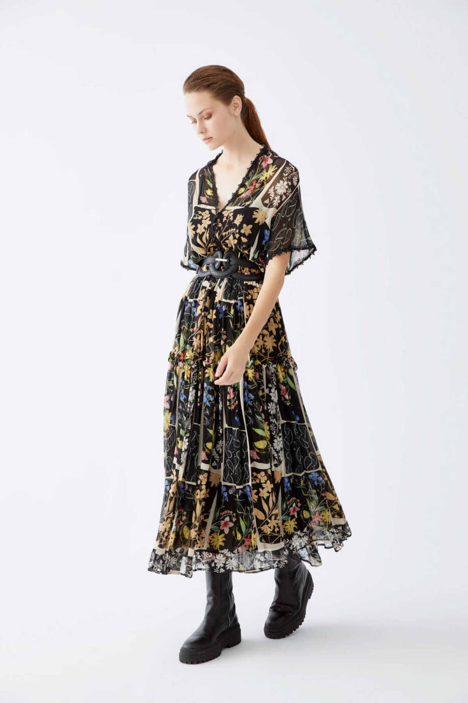  Floral Desenli V Yaka Şifon Elbise Standart Renk - 3