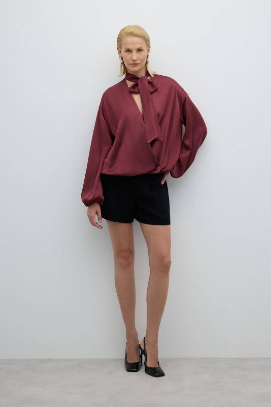 Fular Bağlamalı Kruvaze Saten Bluz Bordo - 3