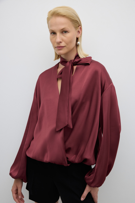 Fular Bağlamalı Kruvaze Saten Bluz Bordo - 1