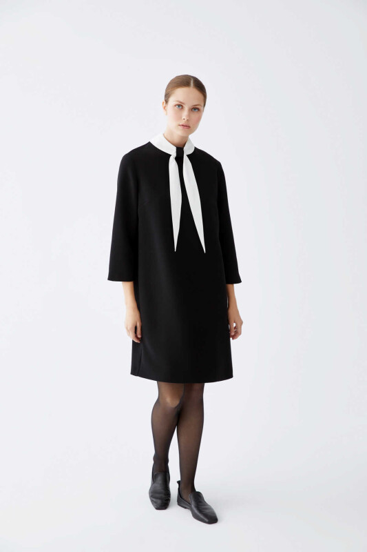  Fular Detaylı Günlük Elbise Siyah - 1