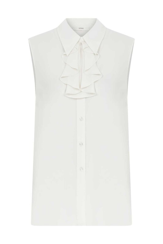 Fular Yakalı Kolsuz Kadın Gömlek Beyaz - 1