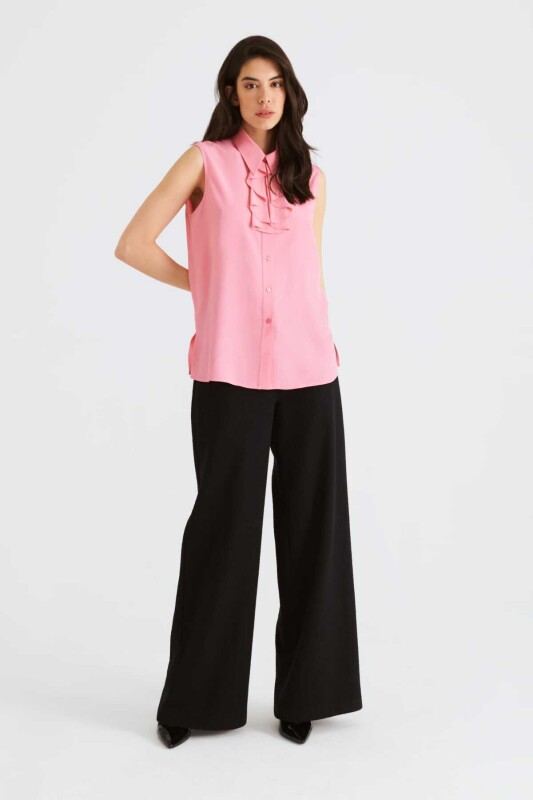 Fular Yakalı Kolsuz Kadın Gömlek Pembe 