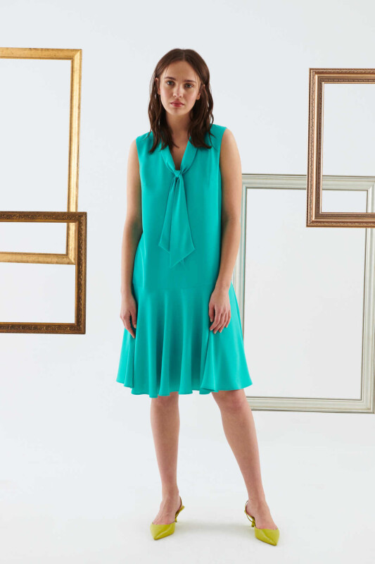 Fularlı Günlük Elbise Turkuaz - 1