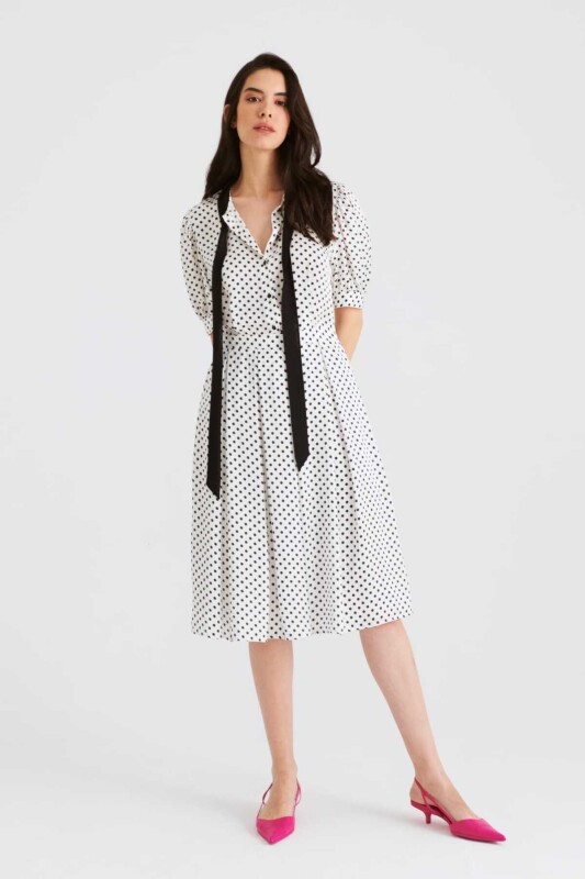 Fularlı Puantiyeli Midi Boy Elbise Standart Renk - 3