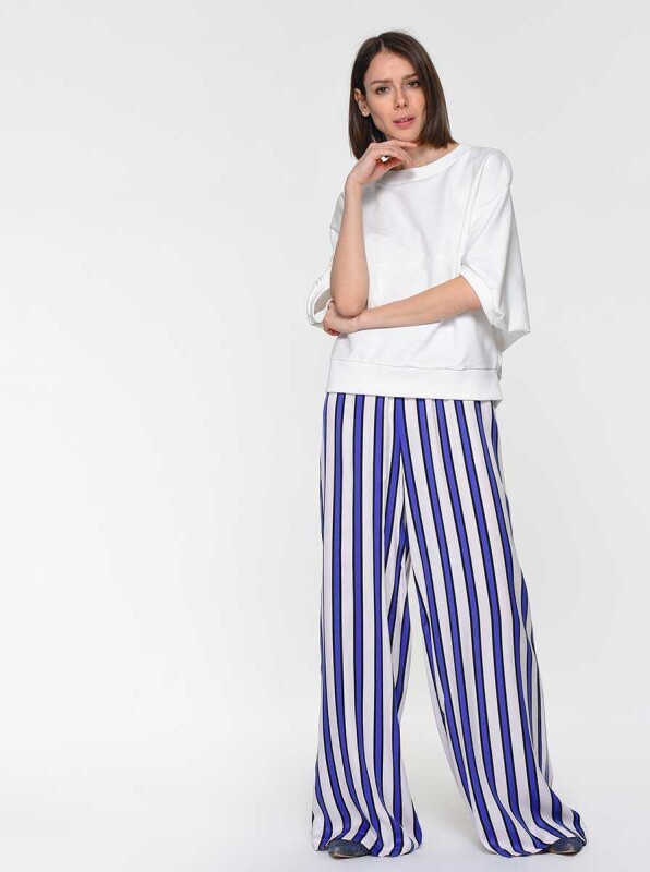 Geniş Çizgili Mavi Kadın Pantolon Standart Renk Standart Renk