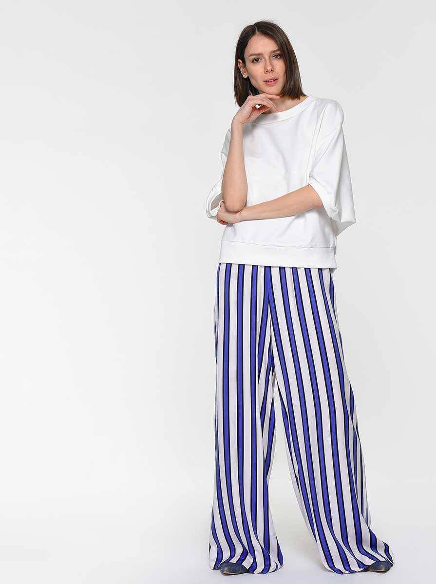 Geniş Çizgili Mavi Kadın Pantolon Standart Renk - 1