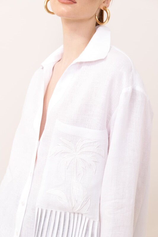 Geniş Kesim Keten Gömlek Beyaz - 4