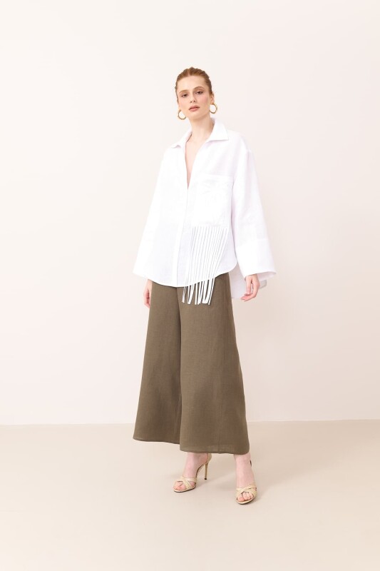 Geniş Kesim Keten Gömlek Beyaz - 3