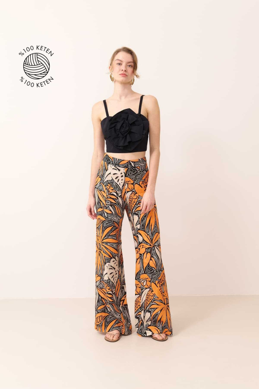 Geniş Paça Desenli Keten Pantolon Standart Renk - 1