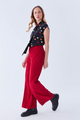  Geniş Paça Kadife Kadın Pantolon Kırmızı - 3