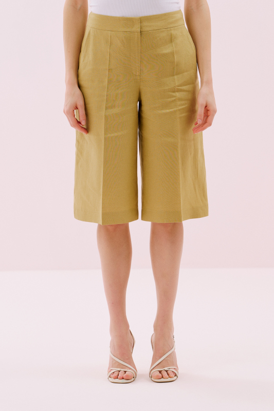 Geniş Paça Keten Bermuda Pantolon Olive - 3