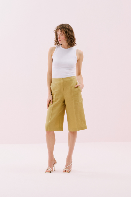 Geniş Paça Keten Bermuda Pantolon Olive 