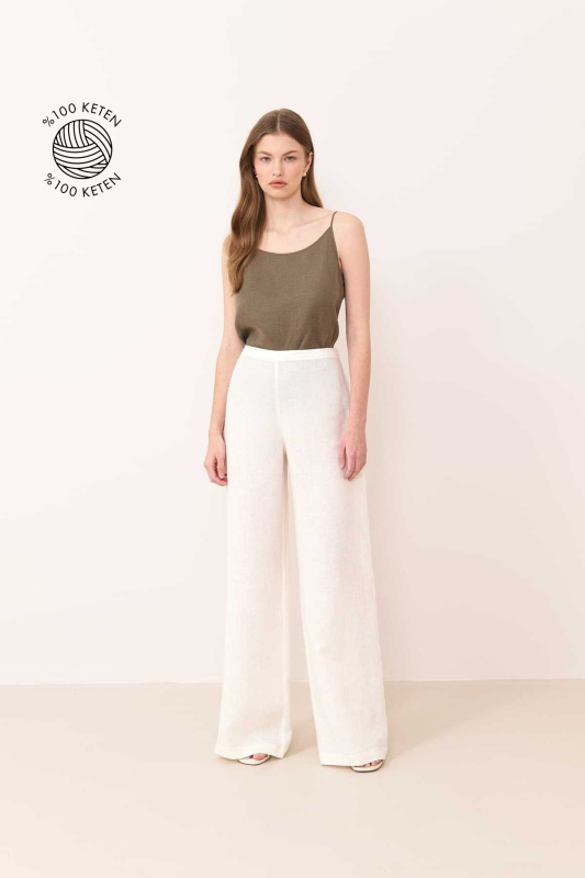 Geniş Paça Keten Pantolon Bej - 1