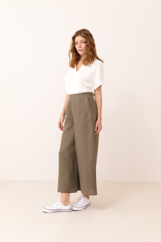 Geniş Paça Keten Pantolon Haki - 1