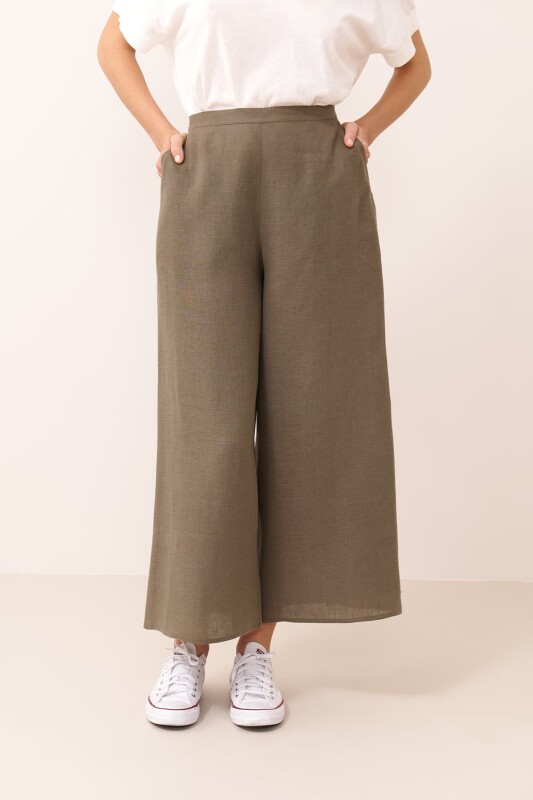 Geniş Paça Keten Pantolon Haki - 3