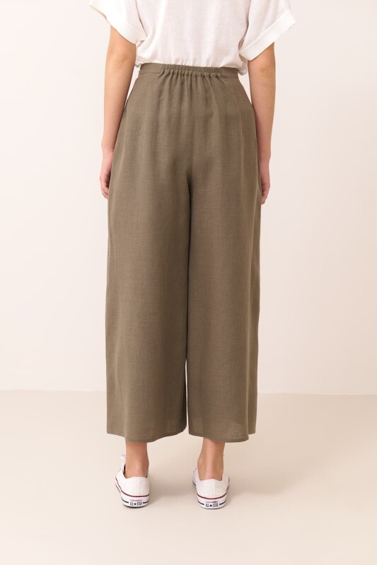 Geniş Paça Keten Pantolon Haki - 2