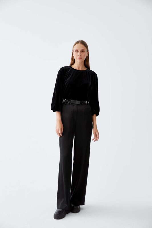  Geniş Paça Saten Kadın Pantolon Siyah - 3