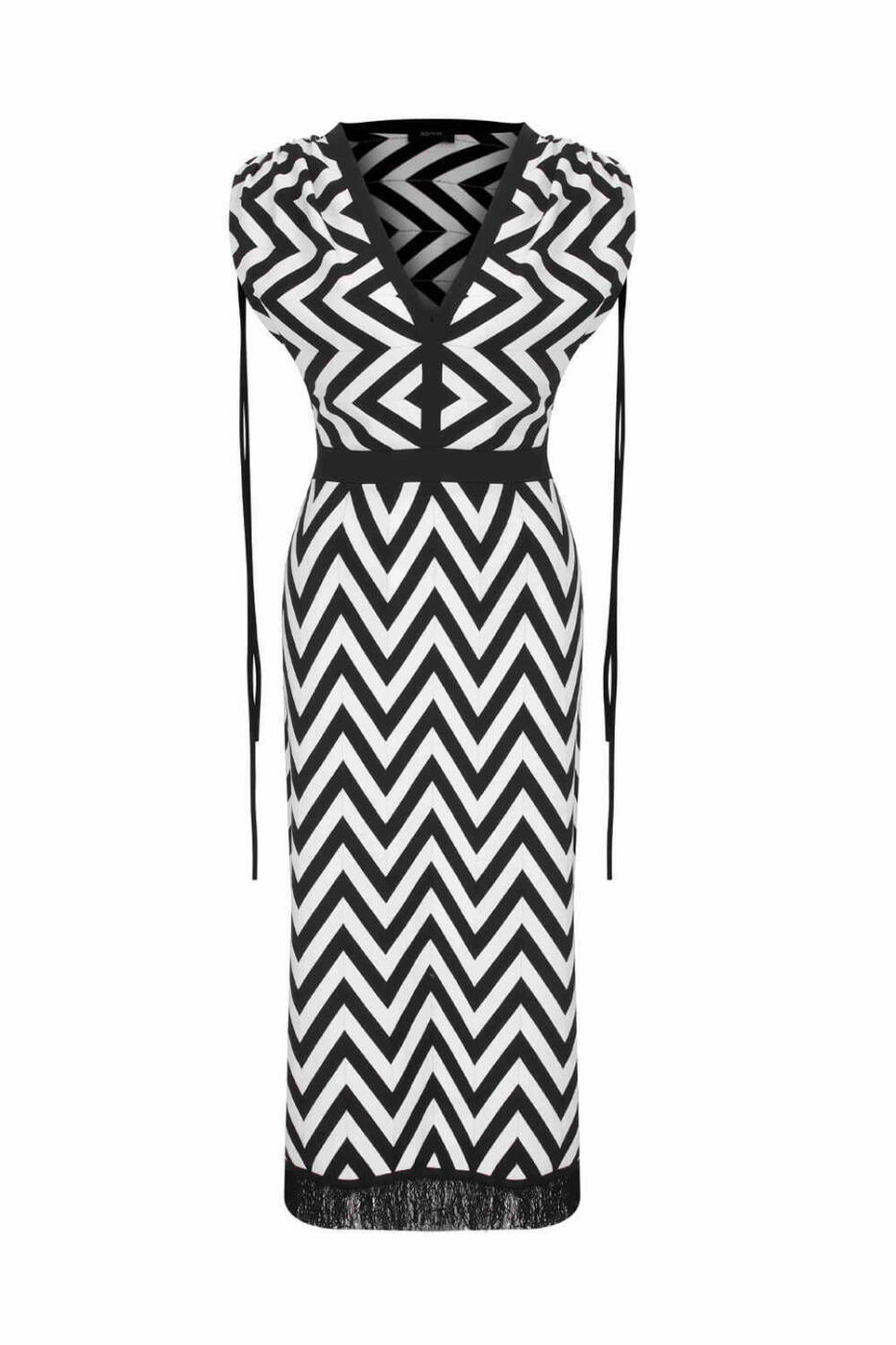  Geometrik Desenli Triko Elbise Siyah-Beyaz - 4