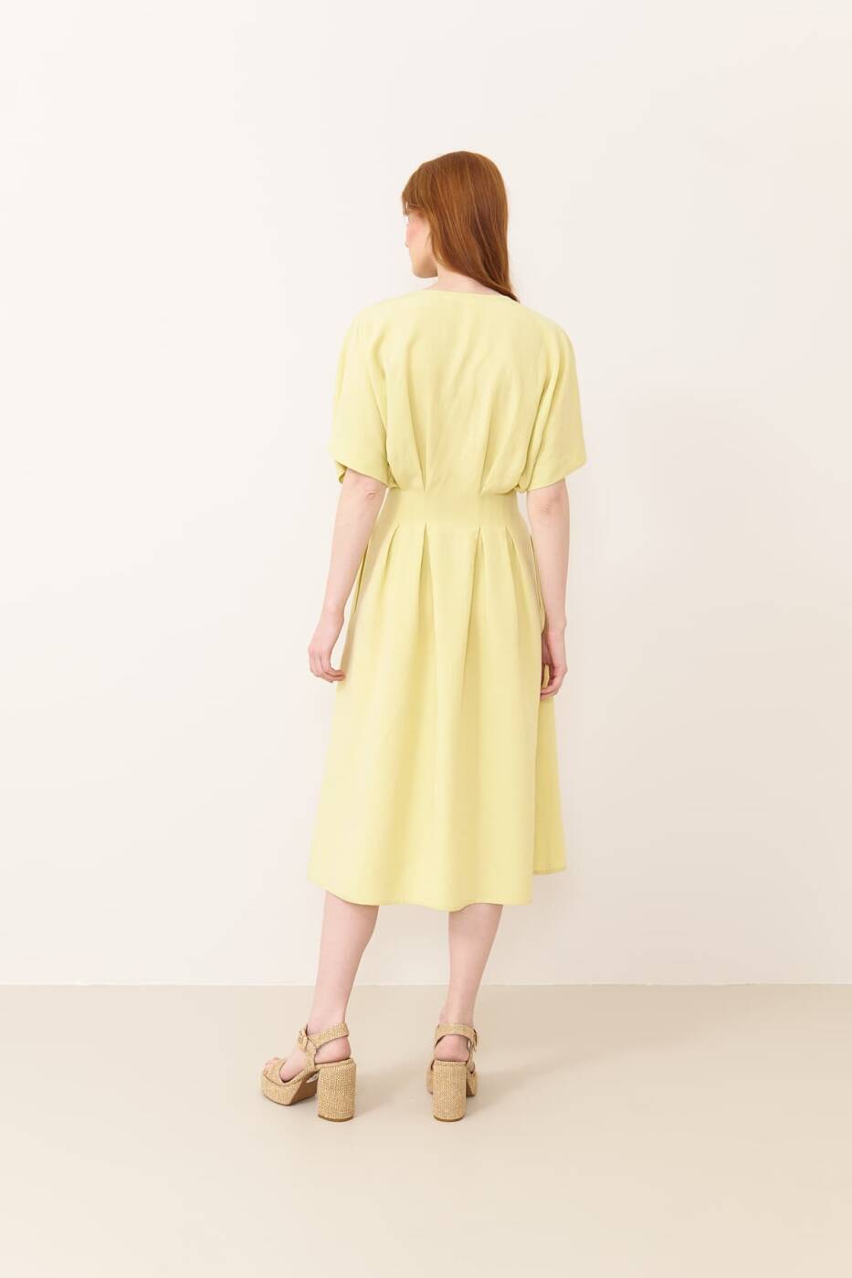 Gizli Fermuarlı Çift Pileli Elbise Sarı - 2
