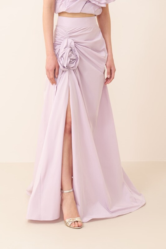 Gül Detaylı Derin Yırtmaçlı Tafta Etek Lila - 3