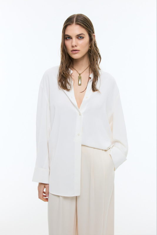 Hakim Yaka Geniş Kesim Gömlek Ekru - Roman