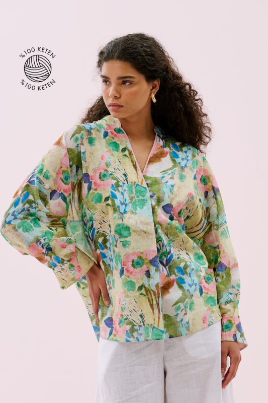 Hakim Yaka Önü Pilili Keten Bluz Standart Renk - 1