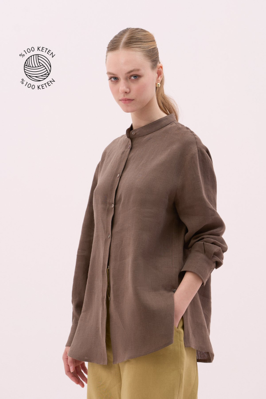Keten Hakim Yaka Uzun Kol Gömlek Kahve - 1