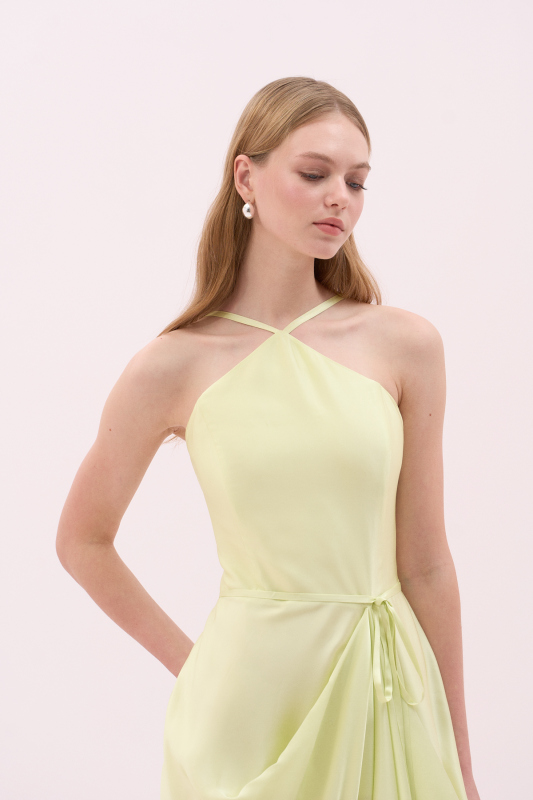 Halter Yaka Beli Kuşaklı Midi Boy Saten Elbise Sarı - 3