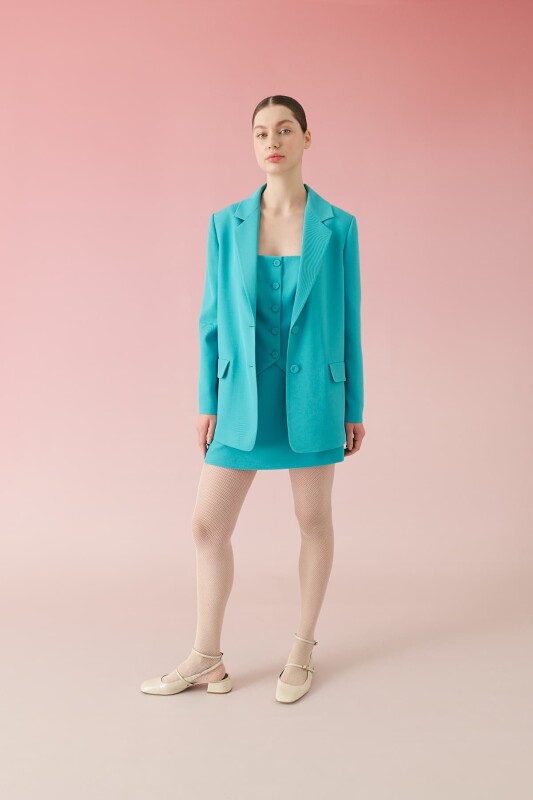 İki Düğmeli Krep Ceket Turkuaz - 5