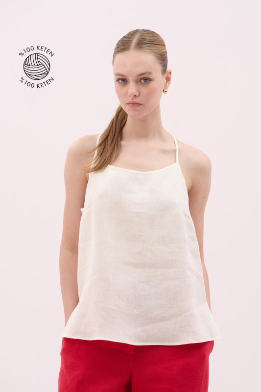 İnce Askılı Keten Bluz Bej - 1