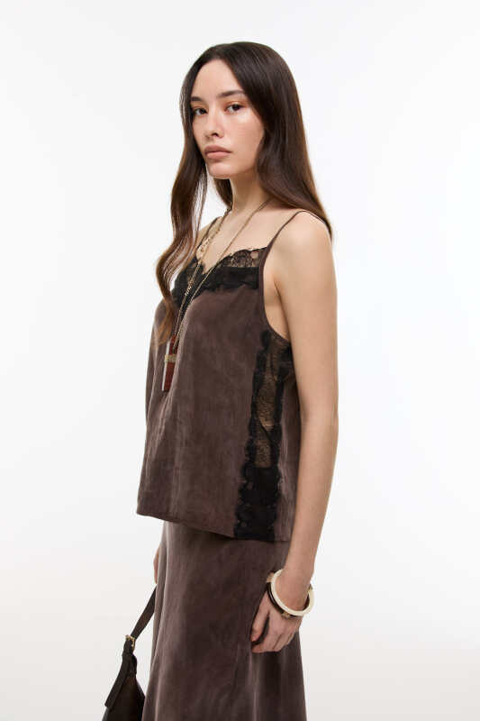 İnce Askılı Dantel Detaylı Bluz Kahve - 3