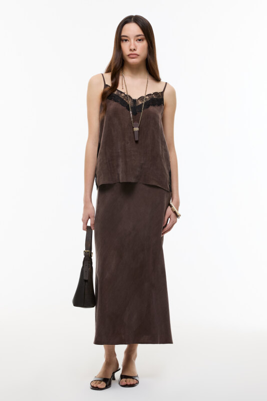 İnce Askılı Dantel Detaylı Bluz Kahve - 4