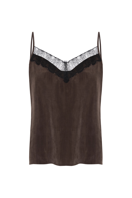 İnce Askılı Dantel Detaylı Bluz Kahve - 5