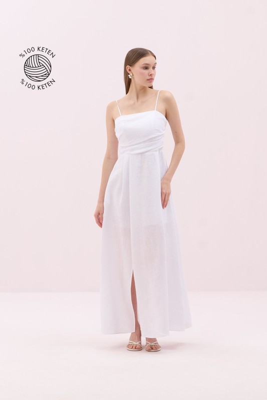 İnce Askılı Yırtmaç Detaylı Keten Maksi Boy Elbise Beyaz 