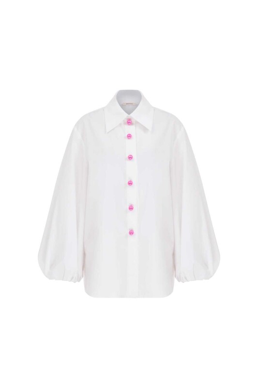 İnci Düğmeli Geniş Kesim Kadın Gömlek Beyaz - 4