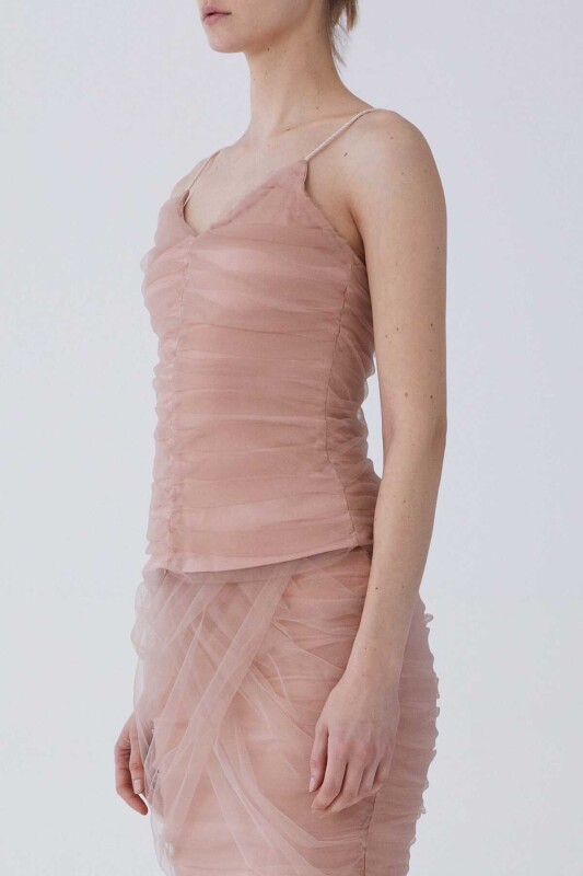 İp Askılı Drape Tüllü Bluz Pudra - 3