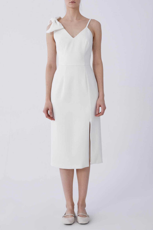 İp Askılı Kurdele Detaylı Abiye Elbise Beyaz - 1