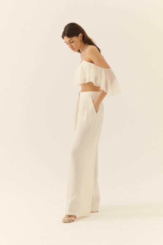  İpek Krep Palazzo Kadın Pantolon Ekru - 3