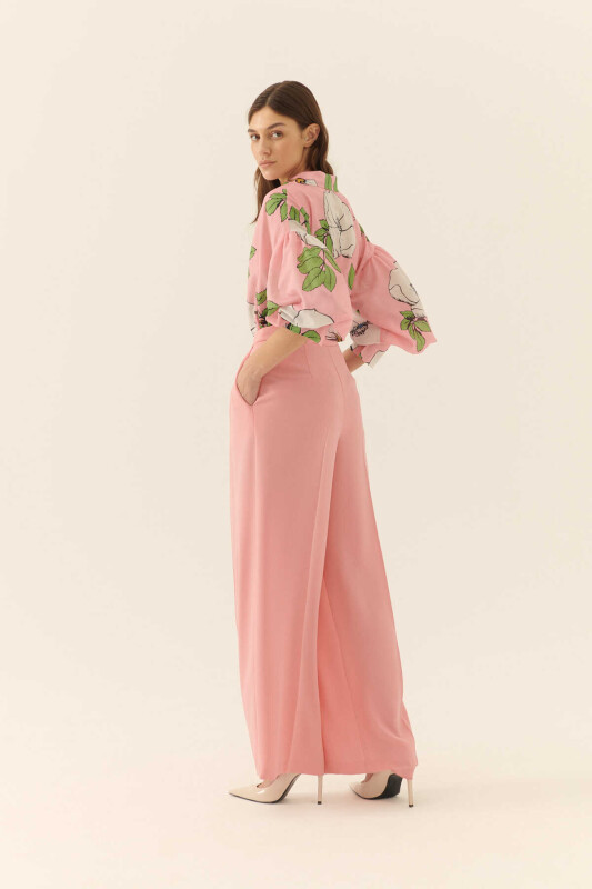  İpek Krep Palazzo Kadın Pantolon Pembe - 3