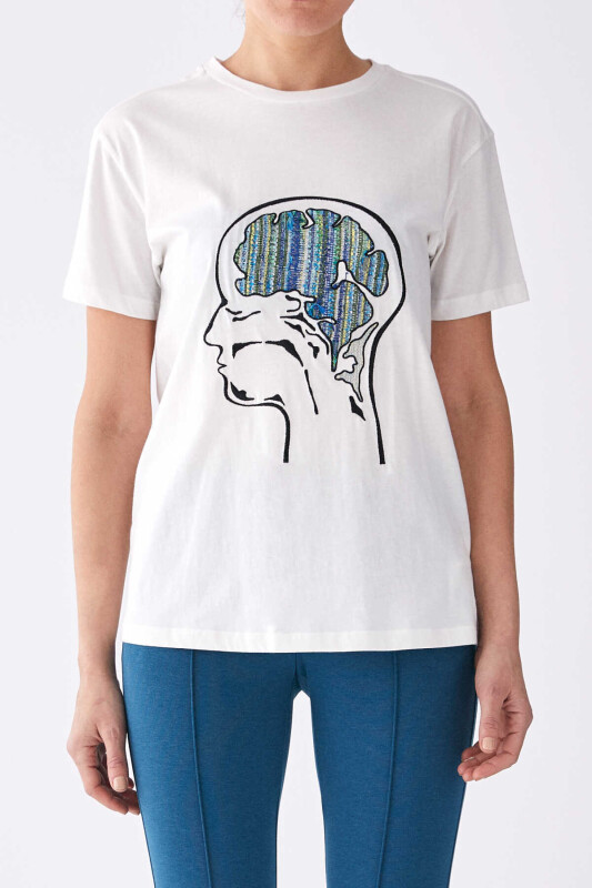 İşleme Desenli T-Shirt Ekru - 1