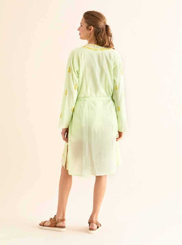 İşlemeli Açık Kimono Açık Yeşil - 2