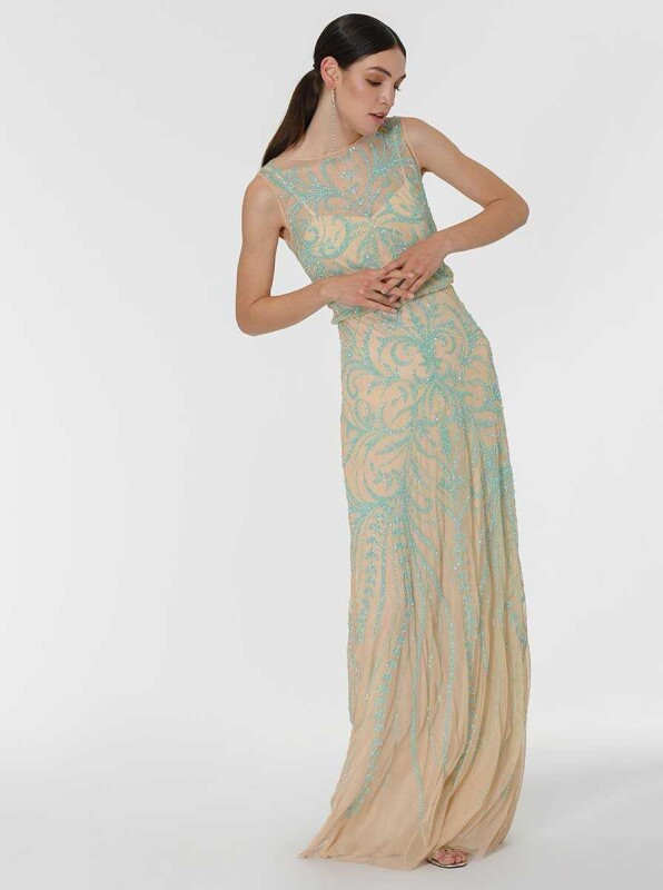 İşlemeli Gece Elbisesi Bej - 4